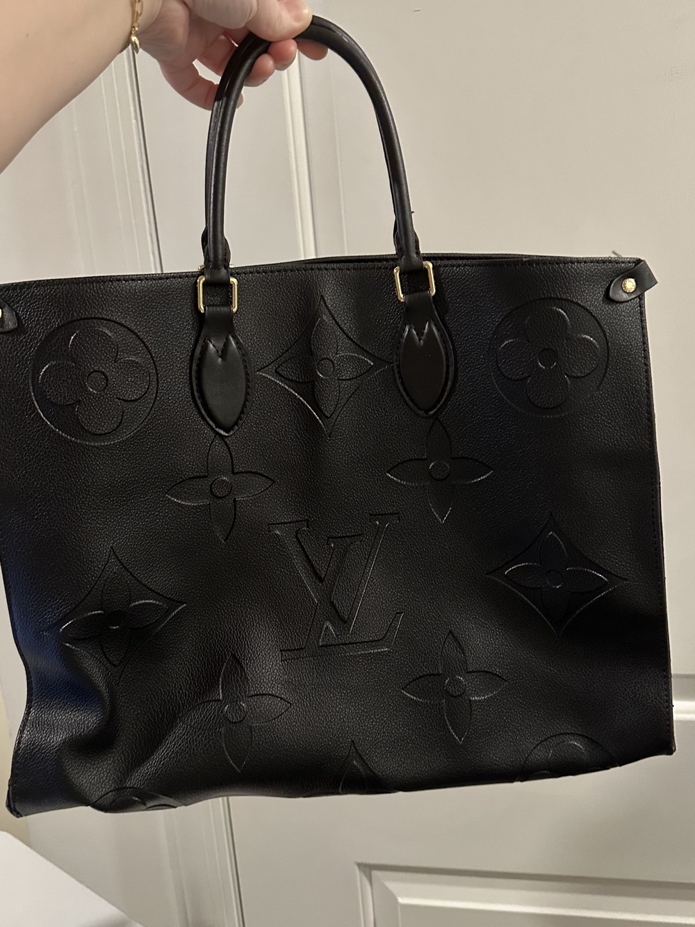 Large Black Embossed Leather Tote with Top Handles - Picture 3 of 14